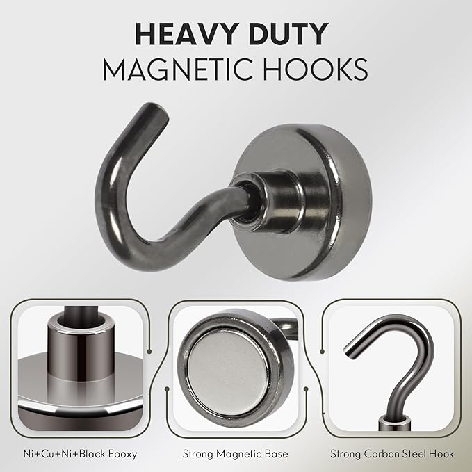 Neosmuk Magnetic Hooks, Cruise Ship Essentials, 30lb+ Heavy Duty Magnetic Hooks for Cruise Cabins, Refrigerator, Grill, Hanging, and Travel | Extra Strong Must-Have Magnet Hook, Gunmetal