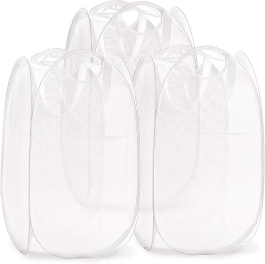 TECHMILLY Collapsible Mesh Pop Up Laundry Hamper with Sturdy Handles and Side Pocket - Portable Foldable Clothes Baskets for Dorm, Bathroom & Travel Storage (White, 3 Packs)