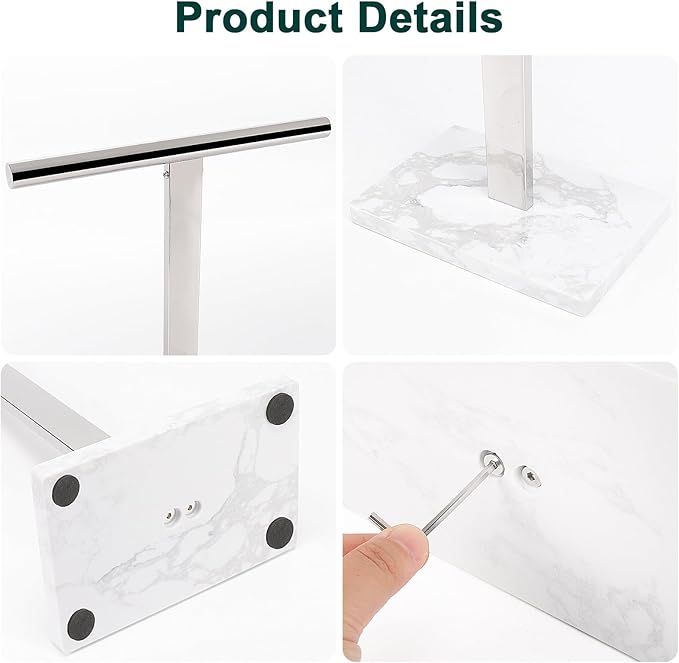 BathAce Hand Towel Holder, T-Shape Hand Towel Stand for Bathroom, Hand Towel Rack Bar Standing for Vanity Kitchen Countertop, 304 Stainless Steel (Marble Base, Chrome)