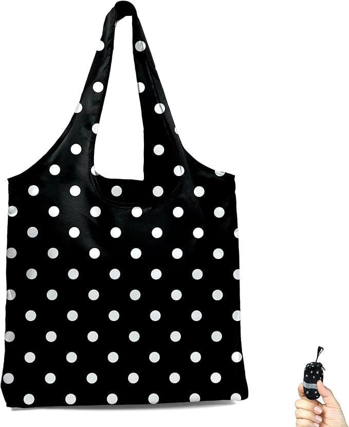 BeeGreen Polka Dot Reusable-Grocery-Gifts-Bags-Foldable-Machine-Washable Black Shopping-Bags Extra Large Reusable Bags Totes 66 Lbs Ultra-Lightweight Polyester Fabric