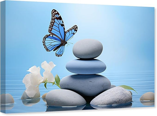 ARTZGX Zen Wall Art for Bathroom Zen Stone Picture Blue Butterfly Painting Still Life Artwork for Yoga Room Decor Frame(Zen - C 12.00" x 18.00")