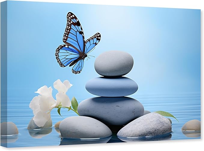 ARTZGX Zen Wall Art for Bathroom Zen Stone Picture Blue Butterfly Painting Still Life Artwork for Yoga Room Decor Frame(Zen - C 28.00" x 42.00")