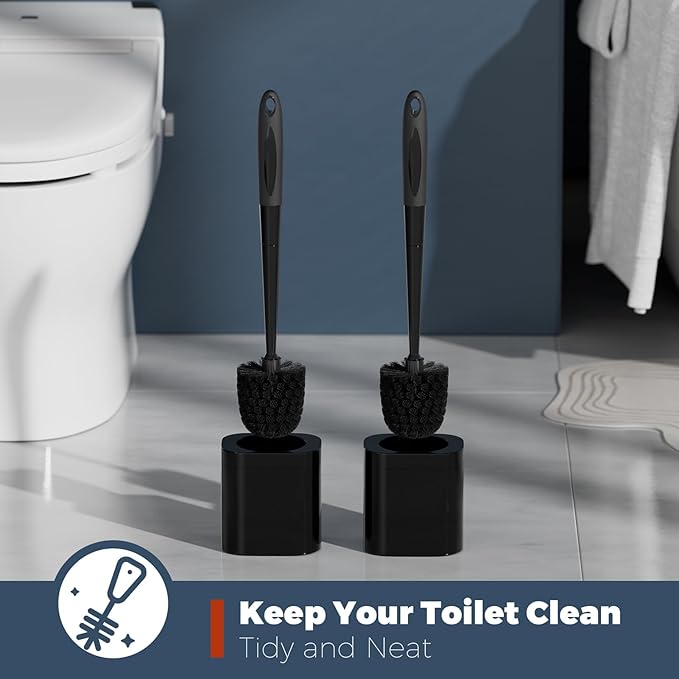 Holaloha Toilet Brush, 2 Pack Toilet Brush and Holder Set Bathroom Accessories, Toilet Bowl Brush and Holder for Bathroom, Black