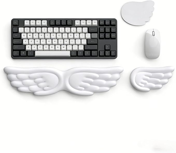 Angel Wing Wrist Rest Ergonomic Memory Foam Wrist Rest for Computer Keyboard Mouse Set, Cute Gaming Keyboard Cushion Hand Support PU Leather Surface Anti-Slip Waterproof White Angle Wing with Cup Mat