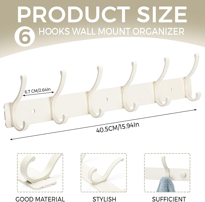 Coat Rack Wall Mount, 2 Pack Coat Hooks Hanger Wall Double Hook Rack Rail Towel Hat Rack Entryway Bathroom Hanger Organizer for Robes, Clothes, Bags, Hat(White)