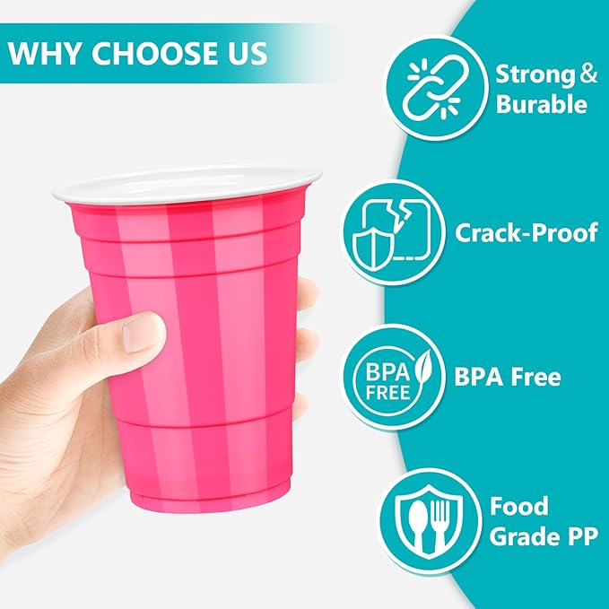 LANLISA 100 Hot Pink Plastic Cups, 16 oz Disposable Cups, Drinking Cups For Party Supplies
