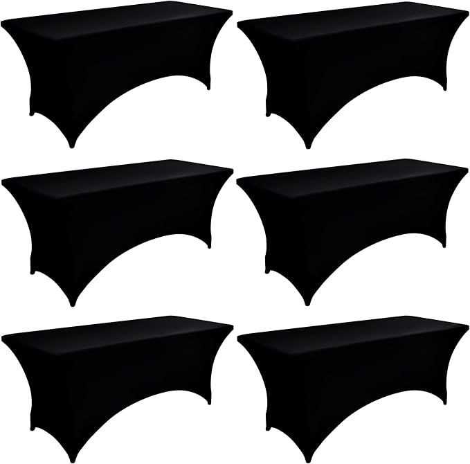 ZarzaaSik 6-Pack 4ft Spandex Black Table Covers for Rectangular Folding Tables - Wrinkle Resistant Stretch Tight Table Cloths - Ultimate Fitted Table Protector for Parties, Trade Shows, and Wedding