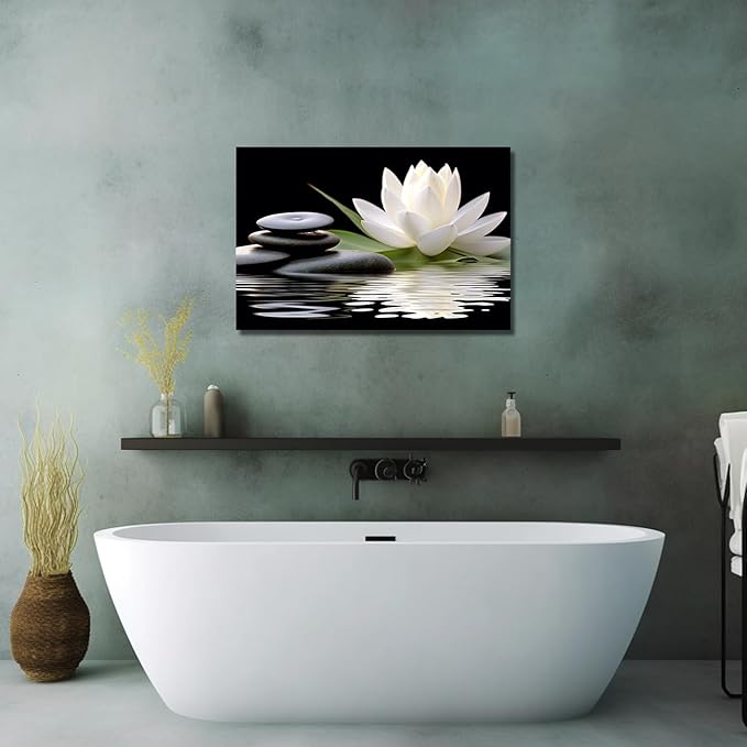 LZIMU Zen Canvas Wall Art White Lotus and Black Zen Stones Bloom in Water Picture Prints for Yoga Spa Meditation Spiritual Room Bathroom Decor (Zen-1, 20"x30")
