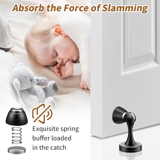 KOLAKO Door Stopper, Magnetic Door Stops, Brushed Satin, 2 Pack Black Magnetic Door Catch Holder to Keep Door Open, Stainless Steel Wall Floor Mounted Doorstop Without Adhesive Tape