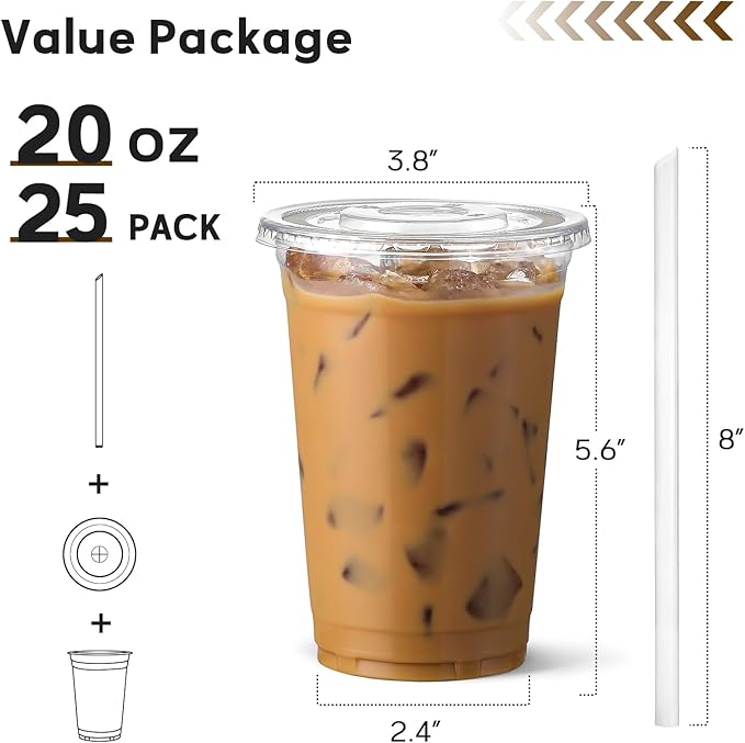 AOZITA 20 oz Plastic Cups with Lids and Straws, 25 Pack, Disposable Iced Coffee Cups with Lids, Clear Cups with Lids for Cold Drinks, Iced Tea, Milkshakes, Smoothies - Durable & BPA Free