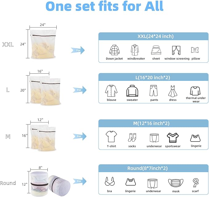 GOGOODA Mesh Laundry Bags for Delicates Durable Protective Wash Bags Travel Storage Bags for Intimates Lingerie, 7PCS (1 XXL, 2 L, 2 M, 2 Bra Bags)