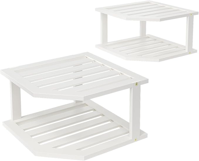 Bamboo Corner Shelf (2 Pack), 2 Tier Plate Organizer for Cabinet and Countertop, Pantry Dish and Spice Rack for Kitchen (White)