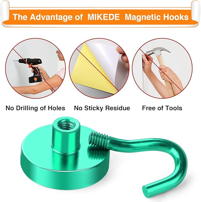 MIKEDE Magnetic Hooks Heavy Duty, 30LB+ Strong Magnets with Hook for Fridge, Neodymium Extra Strength Industrial Hooks for Hanging, Magnetic Hanger for Toolbox, Cruise, Grill(Green,4 Pack)