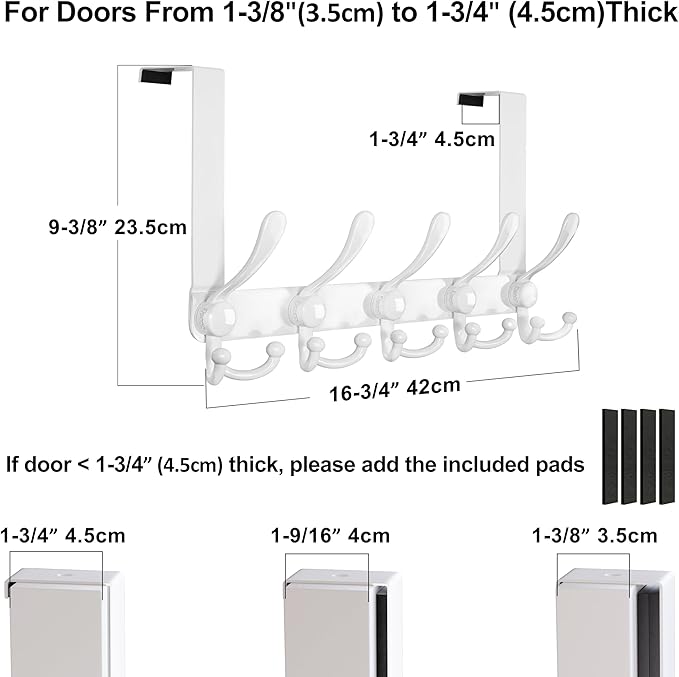 Dseap Over Door Hook 2.0 - Upgraded Version - Simple-Assembly, Strong, Heavy-Duty Stainless Steel 5-Tri-Hook Over The Door Hanger Rack, SimpleStrong Series, White & Black, Pack of 2