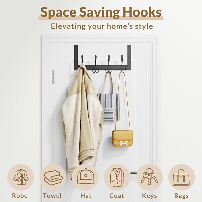 2 Packs Over The Door Hooks with 4 Tri Hooks, Heavy Duty Over Door Hanger for Bathroom Closet Bedroom Kitchen Dorm Room, Towel Coat Rack Home Organizer for Hanging Clothes Coat Hat Jacket (2, black)