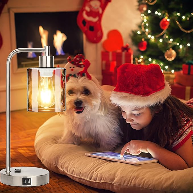 Industrial Touch Control Table Lamps Set of 2 - Brushed Nickel Nightstand Bedside Lamps with 2 USB Ports & AC Outlet, 3-Way Dimmable Desk Lamp for Bedroom Living Room, Glass Shade & LED Bulbs Included