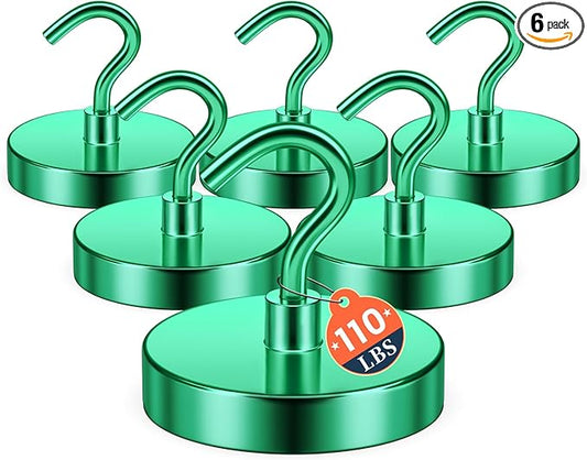 FINDMAG Magnetic Hooks for Cruise Cabins, 110lbs Magnetic Hooks for Classroom, Magnets for Cruise, Heavy Duty Magnets Strong, Classroom Decor, Locker Organizer, Camping Essentials, 6 Pack, Green
