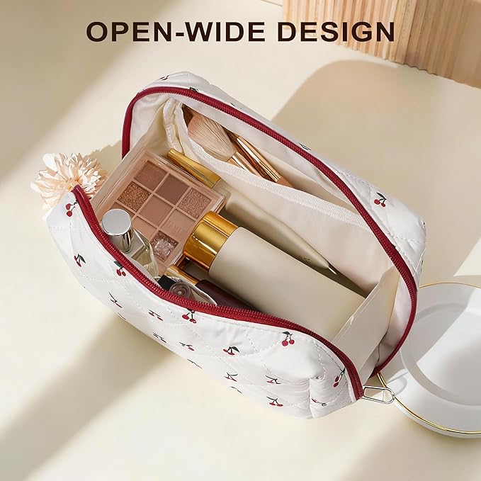 TOPEAST Christmas Gifts for Women Girls - 3Pcs Travel Makeup Bag Large Cotton Quilted Make Up Brush Bags, Portable Cute Cosmetic Bag Sets Machine Washable Toiletry Pouch, Cherry