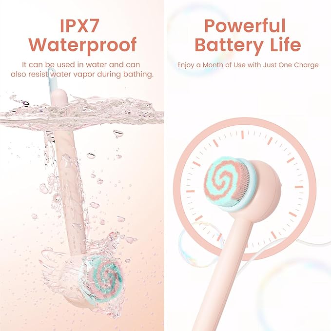 Electric Back Scrubber for Shower Body Brush, Waterproof Shower Body Scrubber for Cleansing, Massaging, Rechargeable Bath Brush for Kids & Adults with 2 Heads & 3 Speed Modes, Berry Pink XY0