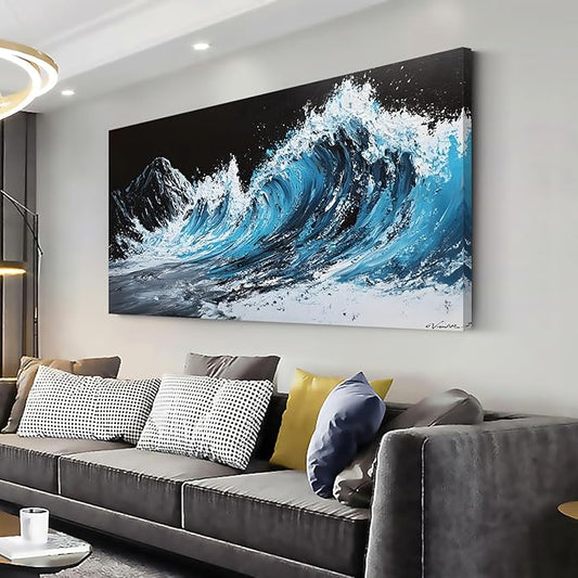ZESTRILIA Waves Wall Art Blue Sea Oil Painting Reproduction Print Modern Wave Abstract Canvas Paintings Waterproof Artwork Picture for Living Room Bedroom Home Office Kitchen Décor (23x46inch)