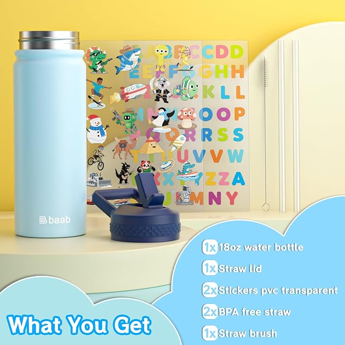 baab 18oz Kids Water Bottle, Insulated Water Bottle with Straw & Stickers, 18/8 Stainless Steel Vacuum Leakproof Kids Water Straw Cup for School, Perfect for Boy Girl (Light Blue, 1 Pack)