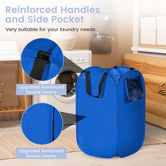 HOUSE AGAIN Upgraded Pop-up Laundry Hamper, Collapsible Laundry Basket with Durable Handles Solid Bottom High Steel Frame, Portable Foldable Dirty Clothes for Dorm, Laundry room Travel, Blue
