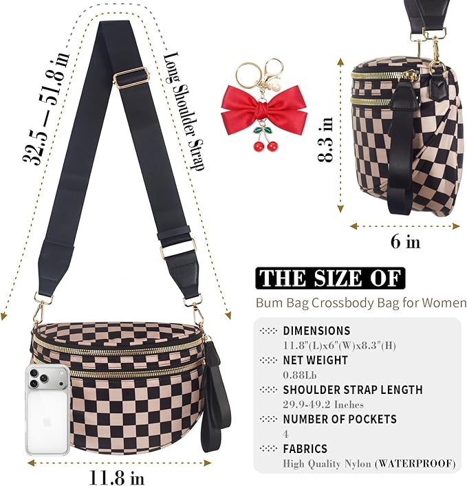 Checkered Crossbody Bag Bum Bag for Women, Spacious Sling & Stylish Bum Bag for Travel, Concerts, Festivals, Nylon Fanny Pack Belt Bag