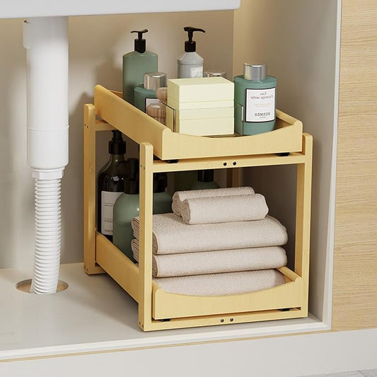 Wisuce Essentials Bamboo Under Sink Organizer Adjustable Height 2 Tier Bathroom Organizer Pull Out Cabinet Storage Kitchen Heave Duty Wood Slide Ou Shelf for Kitchen Bathroom (Nature, 1 Pack)