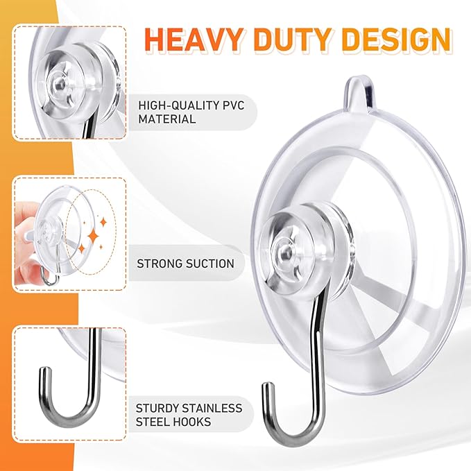 KORCCI Suction Cup Hooks 16Pack - Max Load 10LB, 1.77Inch Clear Medium Suction Cups, No Trace, Reusable & Removable, Stainless Steel Hooks, for Tile, Glass, Window, Shower, Kitchen, Bathroom