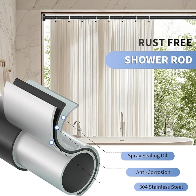 Black Shower Curtain Rod 34-96 Inches (2.8-8ft) Never Rust Adjustable Shower Rod Spring Tension Non-Slip No Drilling Shower Rods for Bathroom Garland Window