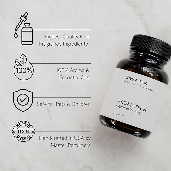 AromaTech Love Affair Aroma Essential Oil Blend: Luxury Hotel Inspired Aromatherapy with Jasmine, Saffron, Cedar & Amber for Ultrasonic Diffusers & Nebulizers - 4 fl oz, 120 mL