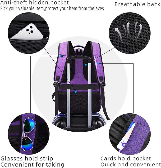 DUSLANG 17 Inch Laptop Backpack for Travel, Water Resistant College Backpack for Women, Laptop Bag with USB Charging Port, Work Backpack, Purple