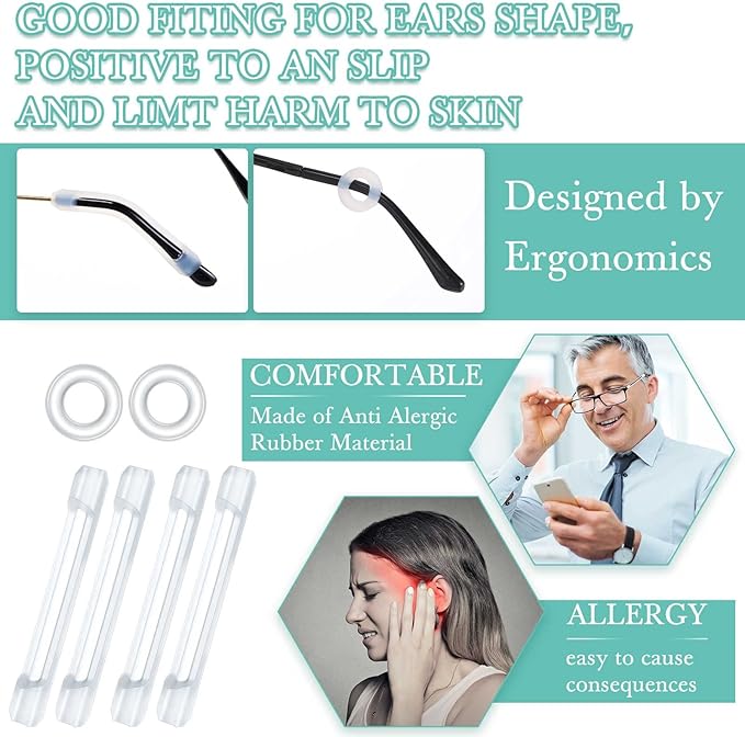 50 Pcs Eyeglasses Retainers Sets 12 Pairs Anti Slip Adhesive Glasses Nose Pads 4 Round Ear Grips 4 Silicone Ear Hooks Holders 4 Glasses Temple Tips Sleeve for Repair(Transparent)