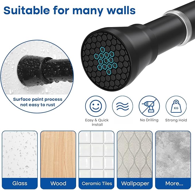 Black Tension Curtain Rod 28 to 48 Inch Spring Rod No Drilling Adjustable Shower Curtain Rod for Windows, Bathrooms, Closet, Kitchen