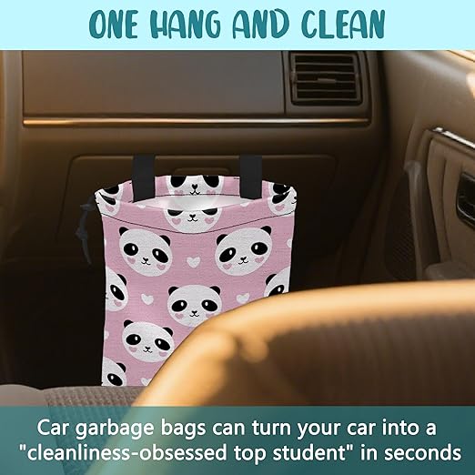 KXWQTRDD Car Garbage Bag Cute Panda and Heart Drawstring Car Trash Bag Hanging for Back Seat with Adjustable Buckle Canvas Vehicle Trash Can Easy-to-Install