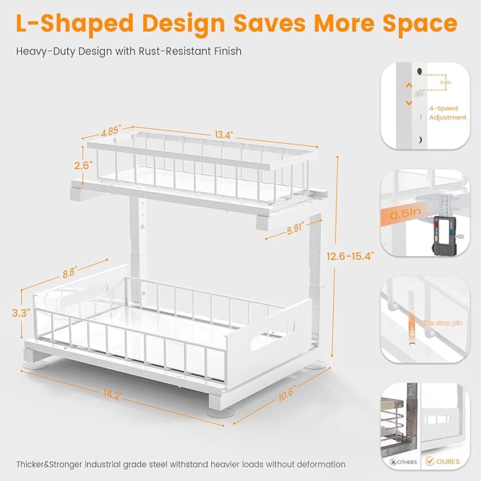 Toyear Under Sink Organizer, Heavy Duty Metal Pull Out Cabinet Organizer Slide Out Sink Shelf Organizer Height Adjustable, Multi-Purpose Storage Shelf for Kitchen Bathroom(White,2Pack)