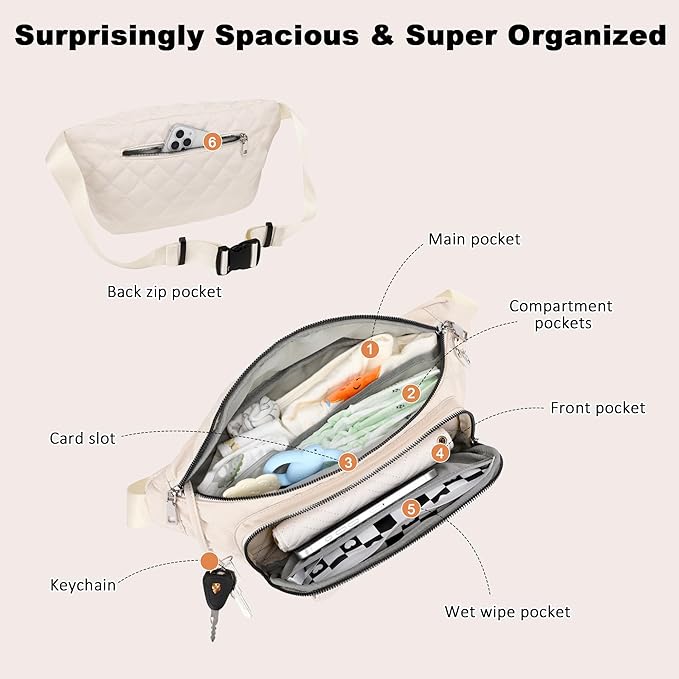 MYHOZEE Small Diaper Bag Fanny Pack - Baby Bag with Waterproof Changing Pad and Wipes Dispenser Quilted Nylon Crossbody Bags for Mom Baby Compact Diaper Purse Cross Body Purses