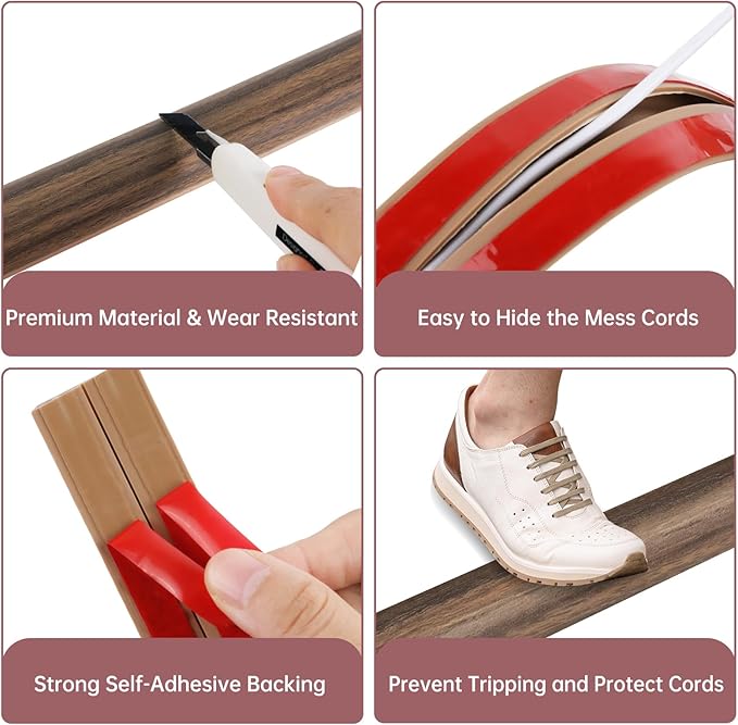 Floor Cord Cover Self Adhesive Cord Hider Floor Extension Cord Covers for Floor Power Cord Protector Cable Management Prevent Cable Trips Cable Cavity 0.51" W x 0.31" H (Smoked Brown Wood, 3.3Ft)