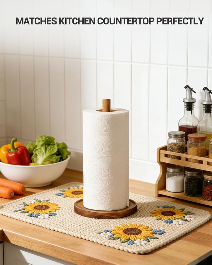 NESAPTO Paper Towel Holder Countertop, Wooden Standing Paper Towel Roll Stand for Rustic Farmhouse & Cottagecore Decor, Kitchen Bathroom Essential, Brown