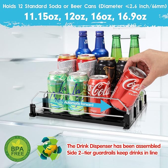 BingoHive Drink Dispenser for Refrigerator, Self-Pushing Soda Can Organizer for Fridge, 3 Rows has been Assembled, Automatic Can Organizer with Spring Loaded for Refrigerator Holds 12 cans, Black