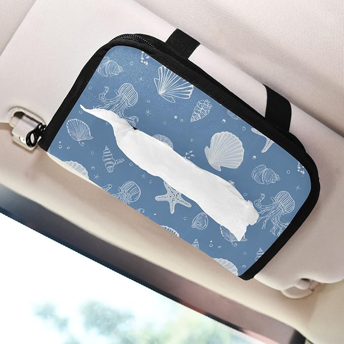 Car Tissue Holder Car Napkin Holder Car Tissue Box Dispenser Storage Case Sun Visor Mask Holder with Adjustable Straps Reusable Refillable Simple Seashells Starfish Blue