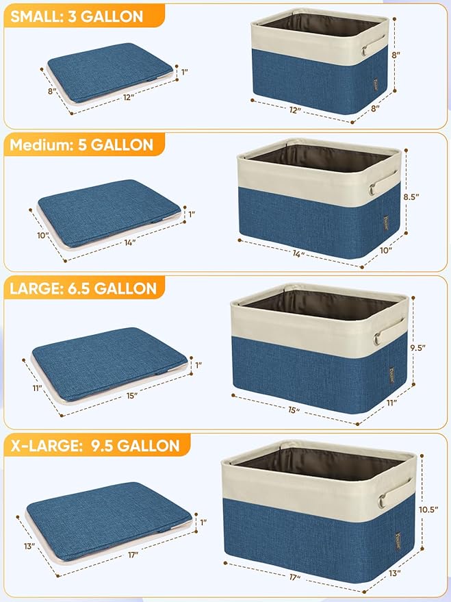 BALEINE 3 Pack Fabric Storage Bins for Shelves, Linen Storage Baskets for Organizing, Decorative Closet Bins for Clothes, Home (Navy Blue, 15"x11"x9.5")