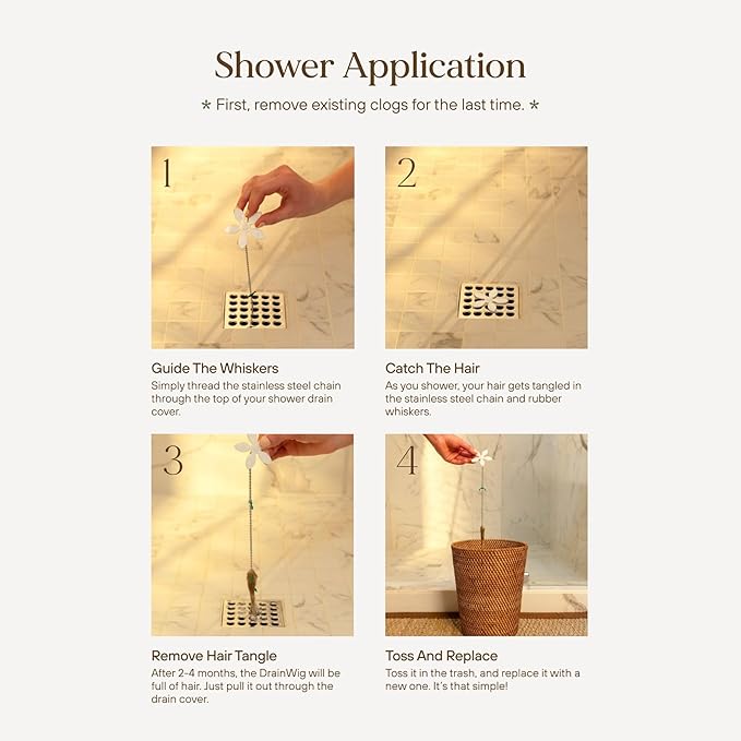 DrainWig Shower Drain Hair Catcher – Disposable White Flower (12-Pack) – No-Touch Hair Removal for Flat Shower Drains – As Seen on Shark Tank