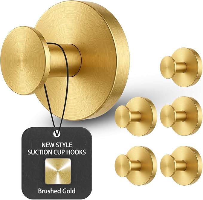 BKV Suction Cup Hooks for Glass Window,Removable Shower Hooks for Inside Shower,Metal Towel Hooks for Bathrooms,6 Pack(Gold)