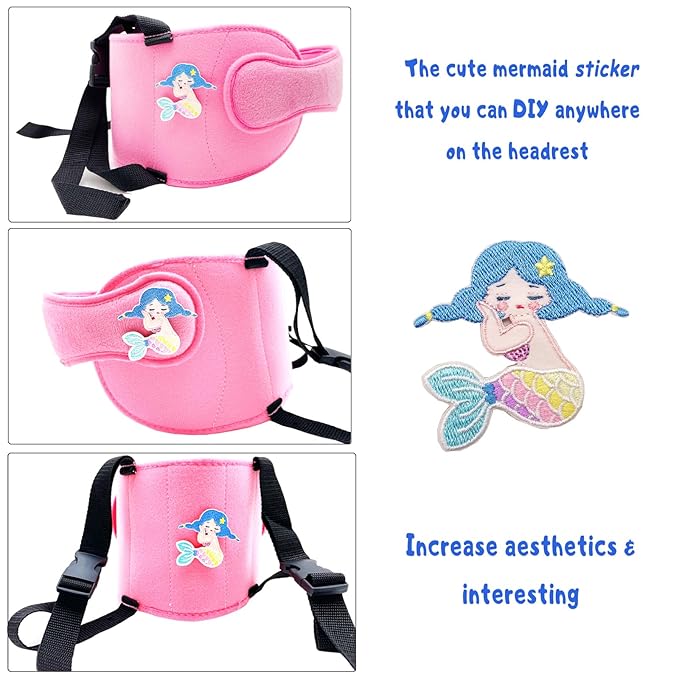 LETTON Car Seat Head Support for Child, Adjustable Head Band Strap Headrest, Safe, Comfortable Head & Neck Pillow Support Solution– Baby & Kids Travel Accessories (Pink with Mermaid Pattern)
