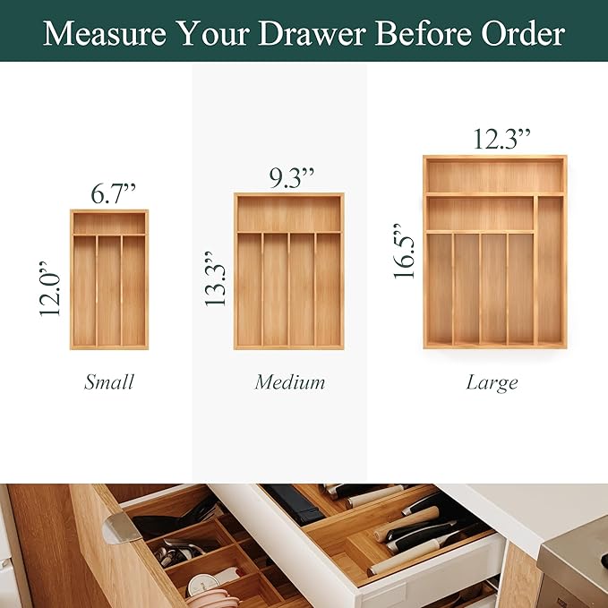Small Silverware Organizer, Bamboo Kitchen Drawer Organizer, Utensil Holder, Cutlery Tray & Spoon Flatware Storage with Grooved Drawer Dividers