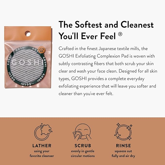 GOSHI Exfoliating Complexion Pads - Reusable, Rapid-Drying, Soft Exfoliating Face Scrubber for All Skin Types - Green - Made in Japan