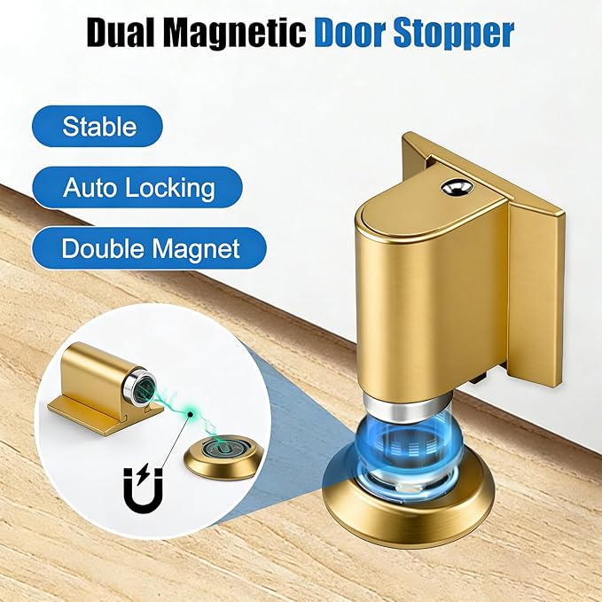 Upgraded Magnetic Door Stoppers, Retractable Bottom Door Holder, No-Drill Invisible Doorstops, Heavy-Duty Windproof Doors Wedge Stopper with Screws and Adhesive Pads (Brushed Gold)