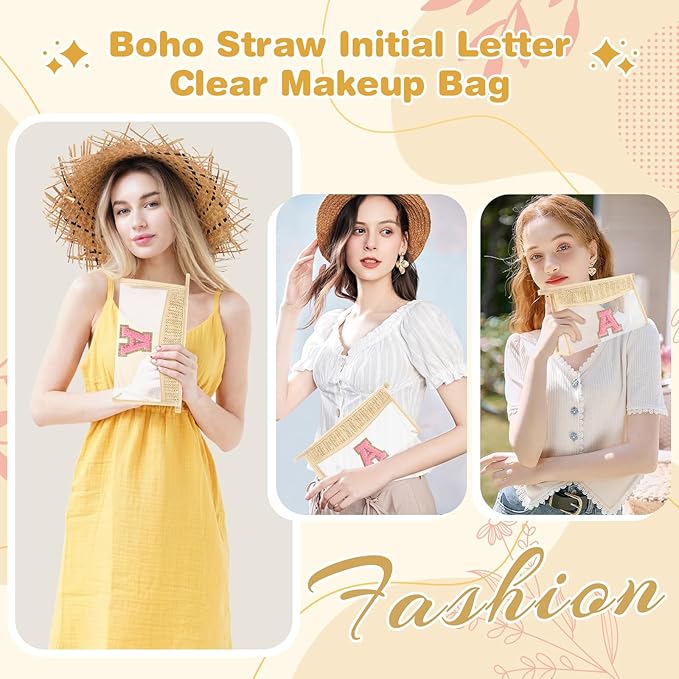 Small Boho Straw Initial Letter Makeup Bag Personalized Gift ,Cute Clear Chenille Patch Makeup Bag With Zipper,Trendy TSA Approved Travel Toiletry Bag,Gift for Women Girls Birthday Friend, Letter A