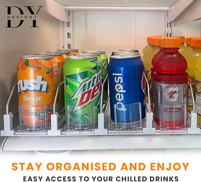 Deviory - Soda Can Organizer with Automatic Can Pusher | Refrigerator Drink Organizer | Beverage Dispenser for Soda, Cans and Bottles | Space-Saving | Stainless Steel | Adjustable Sizes | 6 Rows